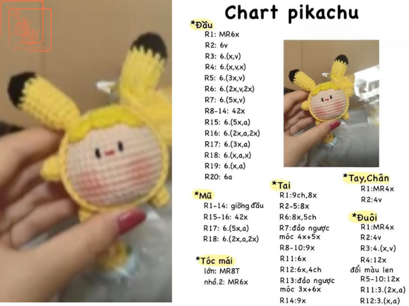 Chart cách móc len hình thú hình pikachu